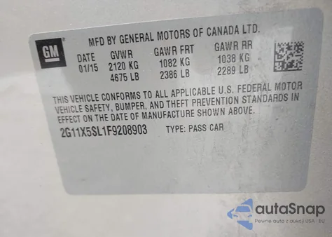 2015 Chevrolet Impala 1Fl из США, поврежденный, VIN 2G11X5SL1F9208903